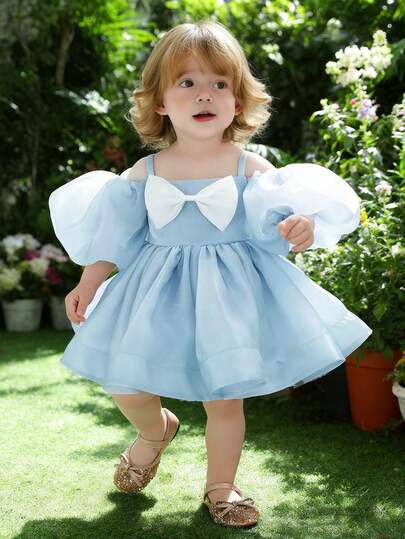 Baby Girls 0-3 Years Old Blue Puff Sleeve Bow Tie Elegant Dress, Princess Dress Suitable For 1st Birthday Party, Wedding, Festival Celebration