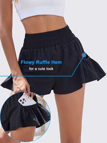  Women Athletic Shorts High Waisted Running Shorts Flowy Ruffle Skirt For Workout Running Tennis With Pockets - 黑色 - 查看 3