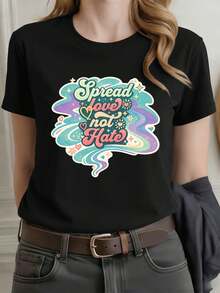 T-shirt casual da donna con stampa grafica retrò, girocollo, vestibilità comoda, casual, vestibilità confortevole, design grafico - nero - Visualizzare 1
