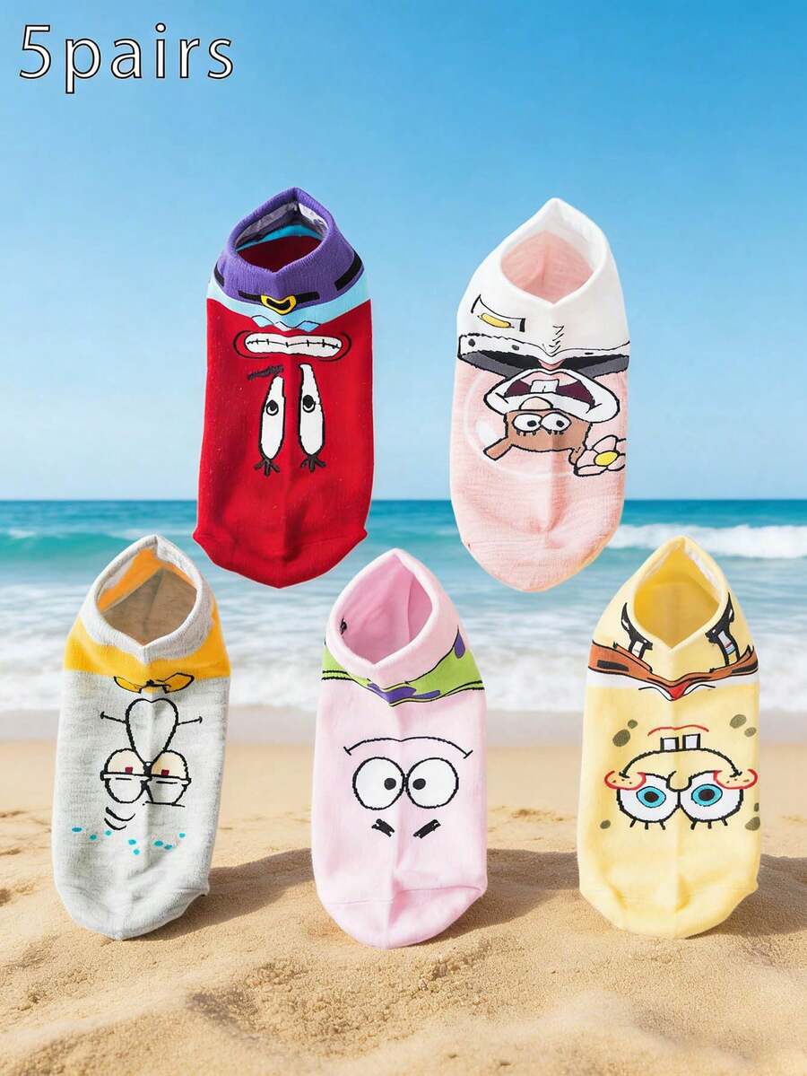 SpongeBob SquarePants 5 Pairs Women's Cartoon Ankle Socks, Thin Casual Sports Socks, Spring/Summer - Multicolor - View 1