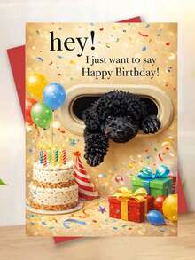 1张可爱黑色贵宾犬“生日快乐”贺卡。包含信封，采用优质哑光纸。狗狗穿过猫门，生日派对主题设计。送给爱狗人士的完美之选——理想的喜庆生日贺卡（12厘米/4.7英寸 x 17厘米/6.7英寸） - 紅色信封 - 查看 1