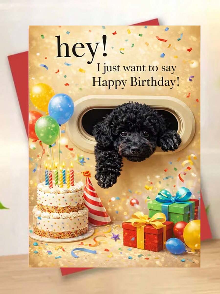 1张可爱黑色贵宾犬“生日快乐”贺卡。包含信封,采用优质哑光纸。狗狗穿过猫门,生日派对主题设计。送给爱狗人士的完美之选——理想的喜庆生日贺卡(12厘米/4.7英寸 x 17厘米/6.7英寸) - 紅色信封 - 查看 1