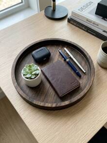 Minimalist Round Wooden Tray, Aesthetic Decorative Catchall Tray For Coffee Table, Vanity Perfume Organizer, Boho Home Room Decor - Dark Brown - View 3