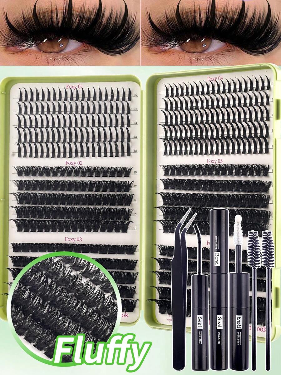 200D Cartoon Style False Eyelash Cluster Set, Includes DIY Eyelash Tips, Length 10-18mm, Create Thick Curly Individual False Eyelashes, With Eyelash Glue And Tweezers, 500pcs Cluster False Eyelashes Set, Individual Fake Lashes, Curly Synthetic Eyelash Kit, Eyelash Strips, Includes Eyelash Glue And Sealer, Personal Eyelash Tweezers And Eyelash Brush For DIY Eyelash Extension Kit - 彩色 - 查看 1