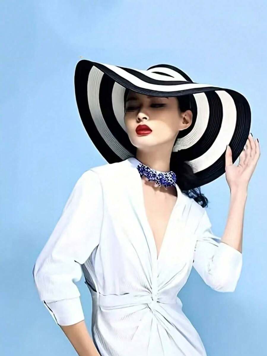 1顶/夏季女士遮阳帽，适合景点佩戴，时尚百搭，黑白粗条纹，宽檐沙滩草帽，遮阳帽 - 帽子 - 查看 1