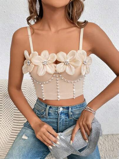 Elegant Luxury Spaghetti Strap Bustier Crop Top For Women, 3D Floral Pearl Design, Sexy Fishbone Bralette, Fashion Camisole