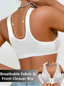 Front Closure Lace Floral Patchwork Sexy Women's Bra, Wireless Casual Comfortable Racerback Design Thin Sports Bra - White - View 4