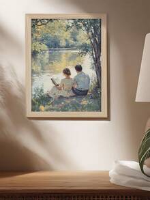 1幅浪漫河畔阅读画，印象派情侣油画，复古夏日艺术，文学主题墙饰，爱书人士礼物，复古天鹅湖艺术画，浪漫风景画，节日礼物，送给朋友的理想礼物，卧室艺术画，客厅装饰，办公室装饰，厨房装饰，浴室装饰，墙面艺术，墙面装饰，家居装饰，房间装饰，帆布墙画，海报，带框墙画，可选画框 - A - 查看 5