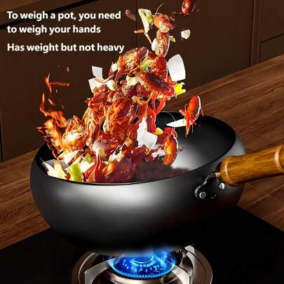 1pc Traditional Handcrafted Cast Iron Wok, With Glass And Wooden Lid, 11-Inch Diameter, Non-Stick, Suitable For Stir-Frying, Grilling, Braising And Boiling; Compatible With Induction Cooktop And Gas Stove; Household Kitchen Cookware