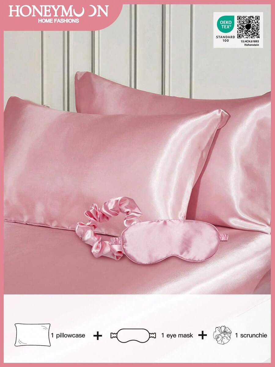 三件套(1个缎面枕套、1个眼罩、1个发圈),缎面枕套呵护秀发和肌肤,奢华丝滑柔软透气,可机洗,是理想的礼物和旅行伴侣,通过Oeko-Tex认证 - 粉色 - 查看 1