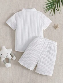Bộ đồ tối giản cho trẻ em - Áo sơ mi cổ bẻ họa tiết sóng trắng + Quần short, bộ đồ 2 món đa năng dành cho cả nam và nữ. - trắng - Xem 2