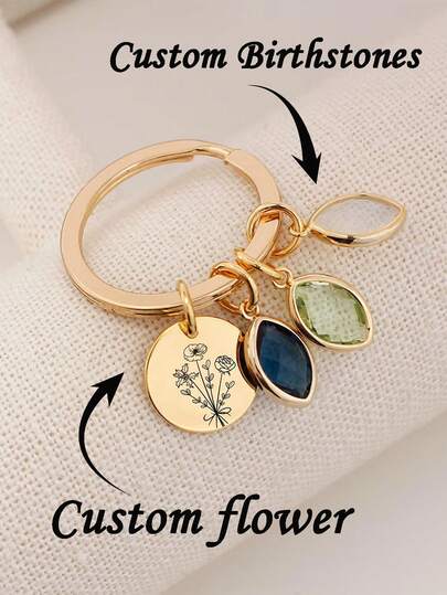 Personalized Birthday Flower Keychain, Combination Birth Month Flower Keychain, Personalized Birthday Flower Bouquet Keychain, Stainless Steel Jewelry, Personalized Birthday Flower Bouquet Oval Birthday Stone Pendant Keychain, Mother's Day Gift For Mom