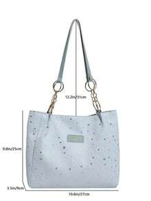 1pc Cloud Decor Star Pattern Polyester Large Capacity Zipper Shoulder Bag, Fashionable Daily Use For Women - Blue - View 3