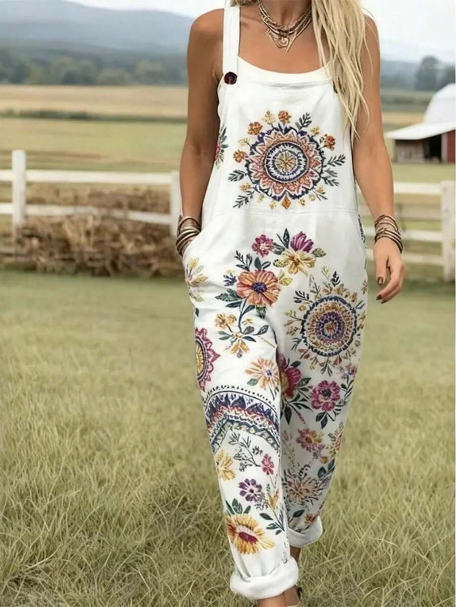 Bohemian Style Mandala Flower Print Women's Adjustable Strap Overalls, Polyester Fabric, Lightweight & Breathable, Women's Clothing, Regular Women's Clothing, Women's Jumpsuits & Rompers, Women's Jumpsuit, Women's Plus Size Jumpsuit - 彩色 - 查看 1