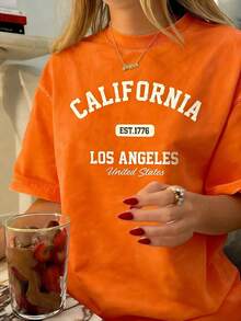 Women's Vintage California Los Angeles Graphic T-Shirt - Casual Round Neck, Short Sleeve, Cotton, Machine Washable, EST 1776 Print2025 - 亮橙色 - 查看 3