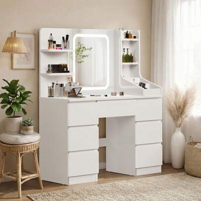  Devoko Vanity Unit With LED Lighting, 3-Stage Brightness Control, Vanity Unit With Adjustable Mirror, 7 Drawers And Open Shelves, Modern Wooden Dressing Table For The Bedroom, Stylish Contemporary Design, Stepless Dimming, White/Pink/Black