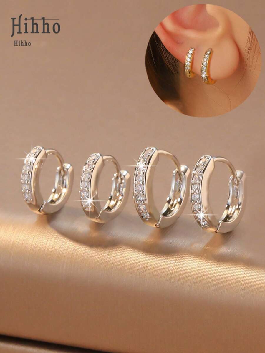 Hihho 2 Pairs Delicate Minimalist Cubic Zirconia Earrings Set, Understated Luxurious Jewelry Suitable For Daily Commute And Shopping, Can Be Worn Stacked Or Individually - Earrings Set - View 1