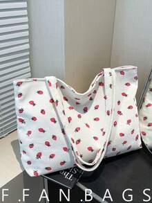 2026新款大容量女士手提包，草莓印花优雅简约单肩包 - 白色 - 查看 1