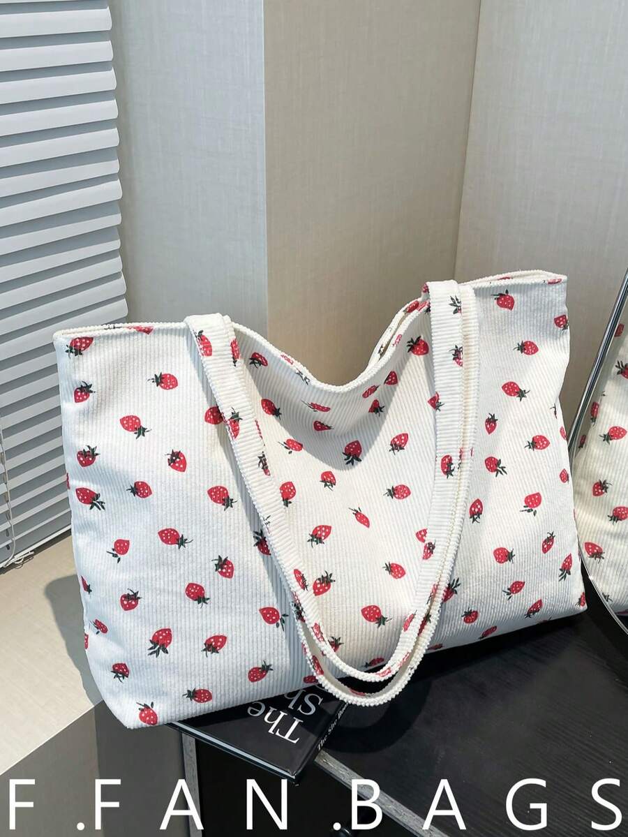 2026新款大容量女士手提包，草莓印花优雅简约单肩包 - 白色 - 查看 1