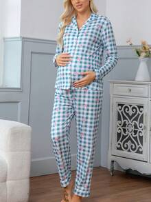 Bộ đồ ngủ sau sinh cho bà bầu, áo khoác cardigan và quần dài màu xanh kẻ caro nhẹ, có nơ, thích hợp mặc ở nhà cho phụ nữ mang thai. - Nhiều màu - Xem 4