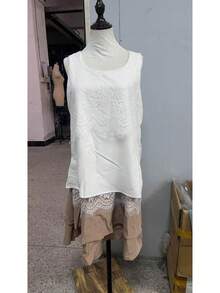 Women'S Bohemian Lace Detailed Layered Sleeveless Dress With A Round Neck, In White And Brown, Perfect For Casual Summer Beach Parties And Loose-Fitting Attire - 白色 - 查看 2