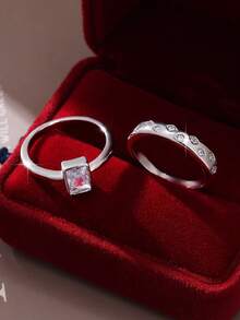 Bộ 2 chiếc nhẫn vuông đính đá Cubic Zirconia lấp lánh cổ điển, sự lựa chọn trang sức hoàn hảo cho Ngày Valentine, Kỷ niệm, Đám cưới, Đính hôn, Cầu hôn, Nhẫn đôi. - Bạc - Xem 2