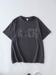 Pure Cotton Skull Rock Band Print Short Sleeve Crew Neck Casual Women's T-Shirt, Multi-Season Versatile Comfortable Breathable Suitable For Summer Holiday Outfits, Beach, Vacation, Spring Holiday, Valentine's Day; Graduation Short Sleeve Shirt; Back To School Outfits; Graduation Ceremony Outfits; Female Teacher Outfits; Family And Friends Summer Outfits. Suitable For Daily Wear, Outdoor Activities, Holidays, Beach, Parties, School, Music Festivals, Vacation, Commuting And Outing Outfits - Dark Grey - View 3