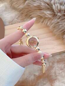 1pc Women's Round Gold Quartz Watch, Elegant & Minimalist, Suitable For Daily Wear, Birthday/Graduation Gift, Casual Gathering And Party - Gold - View 3