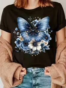 Blue Pattern Shirt Women Men Teens Casual Crew Neck Short Sleeve Artistic Design White Top Versatile Casual Versatile Short-Sleeved Shirt - 黑色 - 查看 14