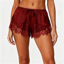 Boho Women's Lace Trim Satin Silk Shorts Shiny Elastic Waist Mini Shorts Pettipants Half Slip Shorts French Knickers Boyshorts For Dresses Full Coverage Underwear Lounge Pants - FJ305-勃根地紅 - 查看 1