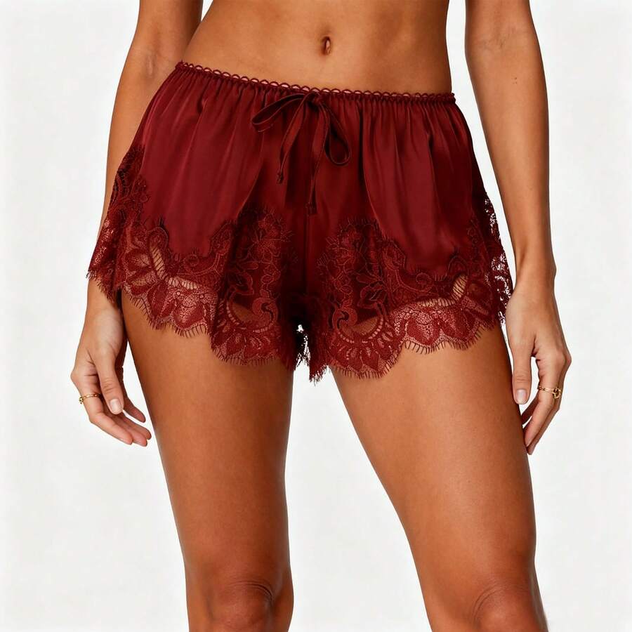 Boho Women's Lace Trim Satin Silk Shorts Shiny Elastic Waist Mini Shorts Pettipants Half Slip Shorts French Knickers Boyshorts For Dresses Full Coverage Underwear Lounge Pants - FJ305-勃根地紅 - 查看 1