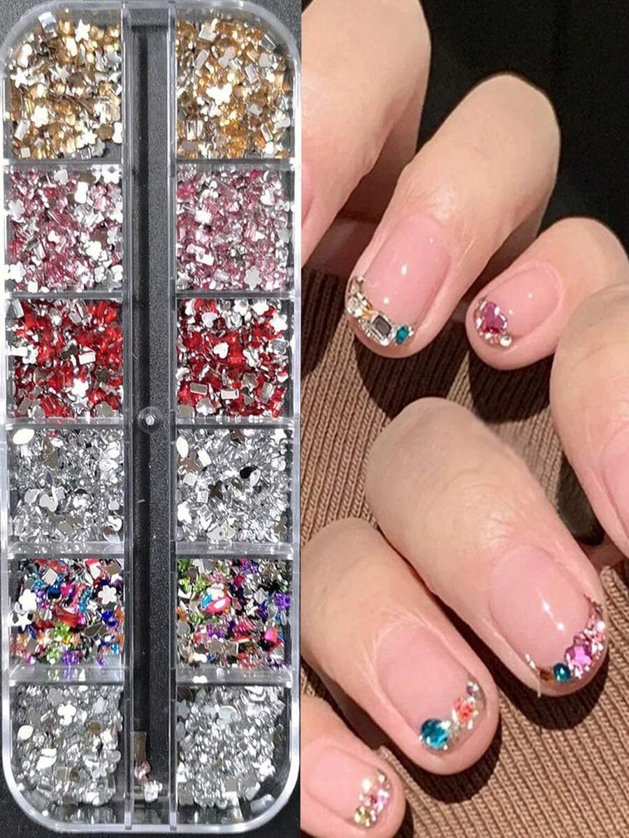 12格1000颗Y2K混合形状美甲水钻，3D闪亮AB彩平面水晶美甲宝石，彩色心形星形方形美甲饰品，DIY美甲装饰，春夏美甲配件，美甲沙龙用品 - 彩色 - 查看 1