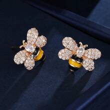 1 par de pendientes de botón con abeja de circonita, accesorio versátil para uso diario, citas, ir y venir - pendientes - Ver 3