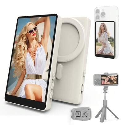 White Large Size Mobile Phone Photography Accessories Tripod Fill Light Selfie Remote Control Vlog Selfie Monitor Screen For IPhone, Magnetic Back Camera Monitor With Remote Control, 4K/1080P Wireless Screen Mirroring For Vlogging, Compatible With IPhone & Android, White 1600mAh Battery Mother's Day Birthday