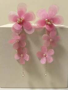 1对时尚水晶吊坠布艺花瓣长耳环，钢针玻璃雪纺花朵流苏耳环 - 玫紅色 - 查看 5