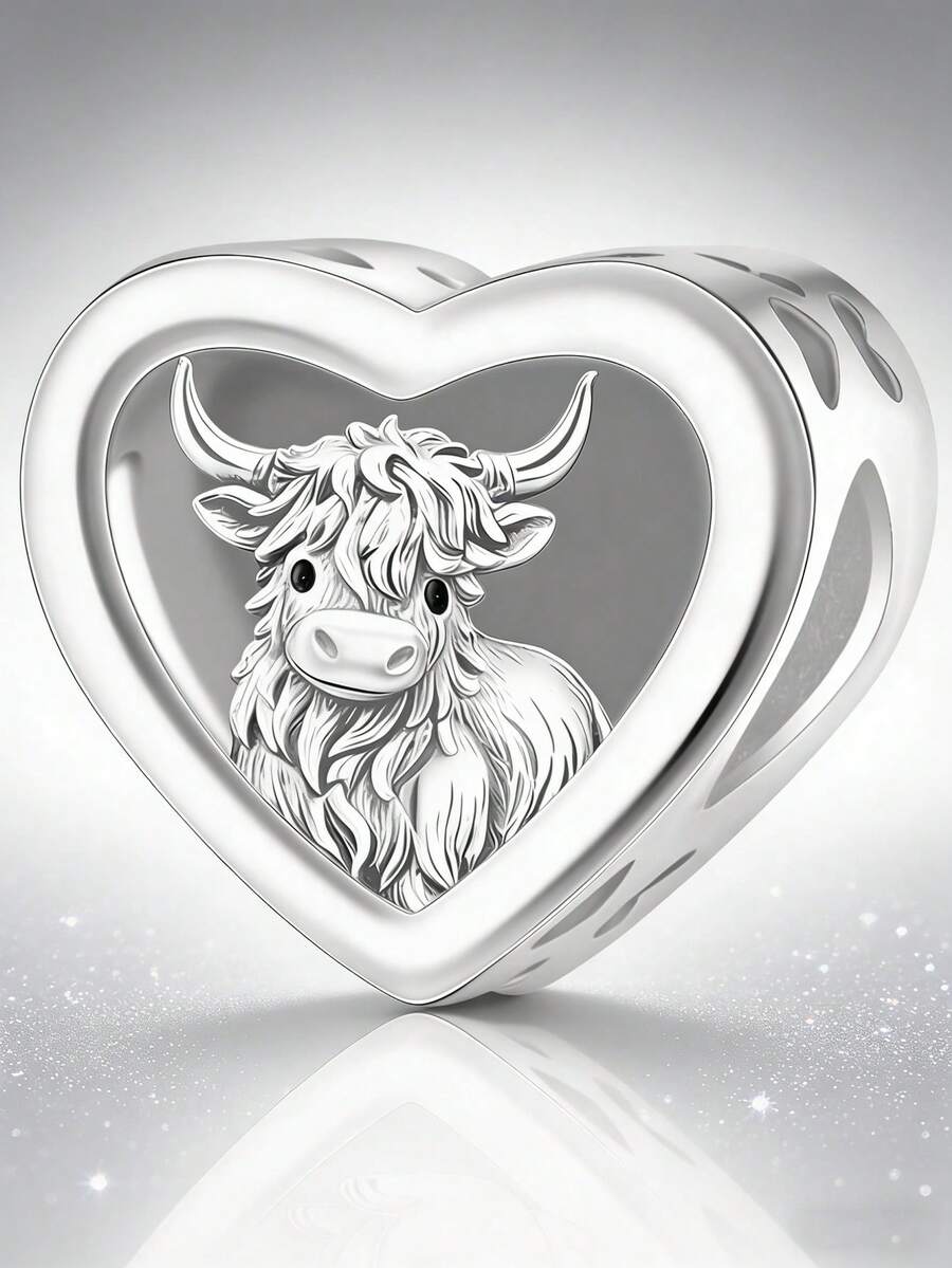 1pc Cute Niche Design Silver Heart & Highland Cow Bead Decor Bracelet/Necklace, Creative Everyday Versatile DIY Jewelry Gift - Silver - View 1