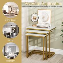 Nesting Coffee Table Set Of 3, Stackable Square End Table W/Faux Marble Tabletop & Heavy-Duty Metal Frame, Farmhouse C-Shaped Accent Table For Small Space, Living Room, Bedroom (White Gold) - White Gold - View 6