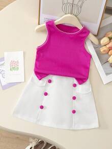 Young Girl Fashion Casual Colorblock Striped Wavy Pattern Sleeveless Round Neck Pullover Top With Elastic Waist Faux Pocket Button Detail Skirt Set, Daily Casual, Weekend Outings, School Wear, Summer Girls Skirt Set - Red and White - View 6