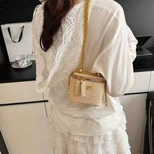1pc New Minimalist Casual Versatile Woven Straw Lunch Box Bag, Chain Strap Shoulder Crossbody Bag, Holiday Best Seller Small Shoulder Crossbody Bag - 卡其色 - 查看 8