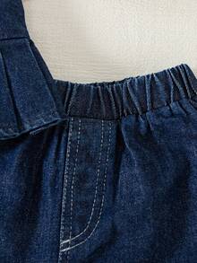 Bộ đồ mùa hè dễ thương cho bé gái: Áo ba lỗ tay ngắn màu xanh navy và quần short denim rộng. - Màu xanh lam - Xem 4