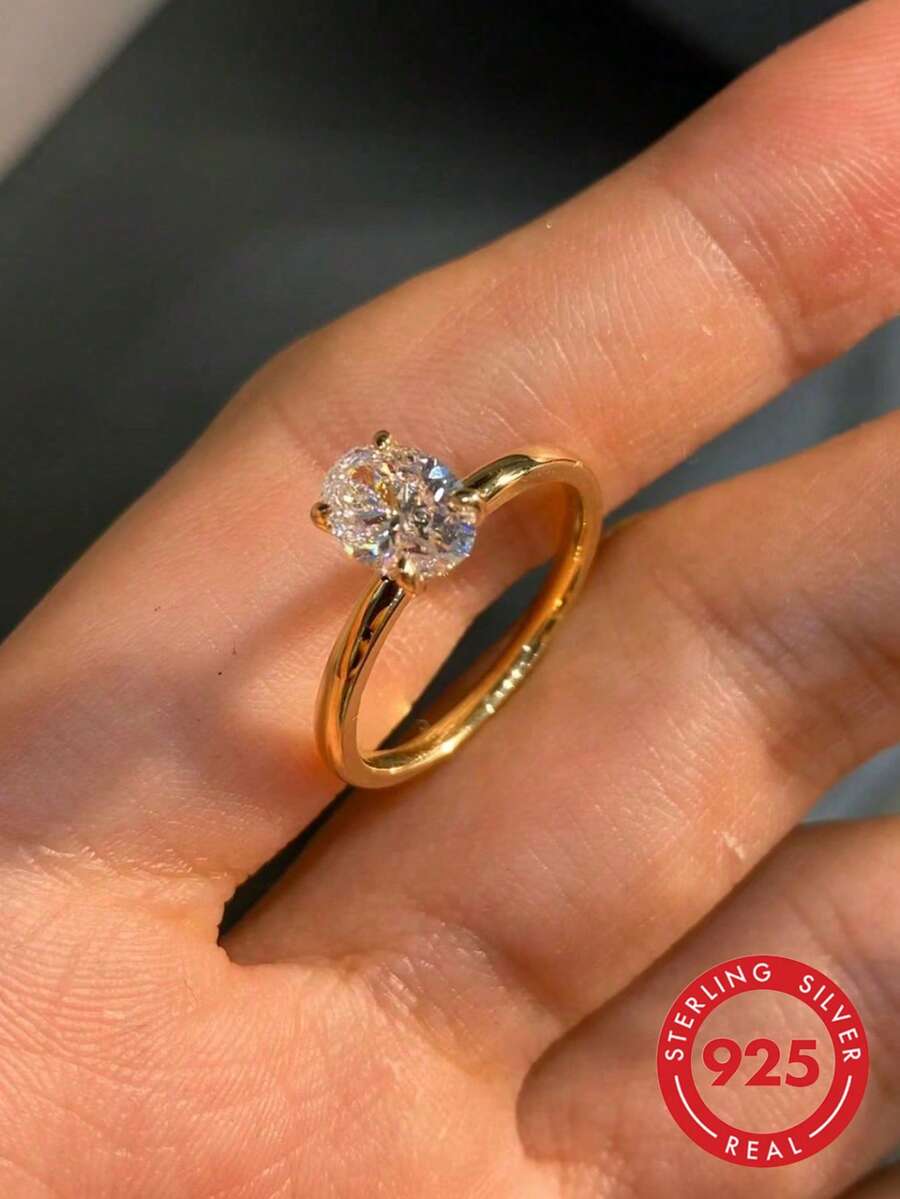 1pc Elegant 2 Carat Oval Shaped High Polished Pure Silver Ring, Exquisite Jewelry Gift For Women, Suitable For Valentine's Day, Girlfriend