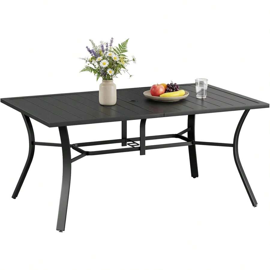 160 X 96cm Garden Table With Adjustable Parasol Hole, Outdoor Dining Table For 6 People, Rustproof Steel Frame, Rectangular Slatted Metal Table For Backyard Patio Terrace - Black - View 1