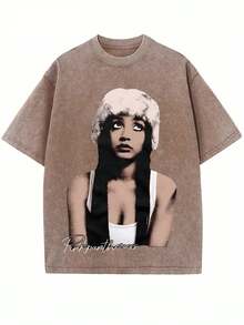 Black Vintage Washed Cotton Tee For Women 18-50 Pinkpantheress Signature Graphic Print Indie Pop Streetwear Loose Fit Top - 摩卡棕 - 查看 1