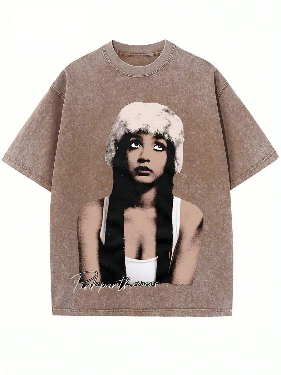 Black Vintage Washed Cotton Tee For Women 18-50 Pinkpantheress Signature Graphic Print Indie Pop Streetwear Loose Fit Top - 摩卡棕 - 查看 1