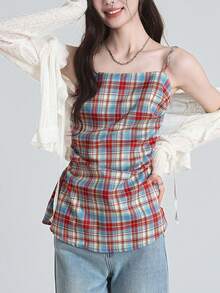 YUXIN 夏季新款復古優雅對比格紋女款無袖背心上衣，設計感修身百褶收腰露背上衣 - 紅色和藍色 - 查看 7