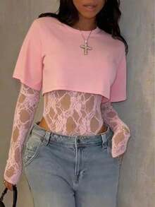 corta de mujer de encaje transparente de manga corta, body sexy de unicolor con parches de encaje transparente para uso diario, citas, fiestas de solteros, actuaciones en el escenario, elegante para primavera/verano en color negro - Rosa - Ver 3