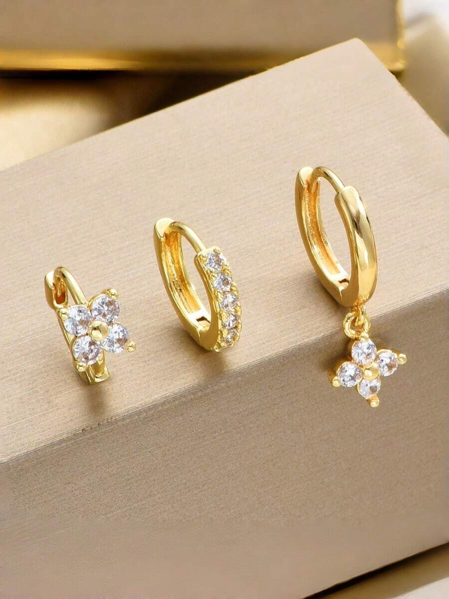 Set de 3 piezas de aretes de metal con flor de circonita estilo minimalista de lujo europeo y americano - Dorado - Ver 1
