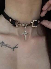 1pc Gothic Punk Y2K Metal Heart Star Necklace, Cross-Border Dark Style Geometric Zinc Alloy Plated Jewelry, For Women - 彩色 - 查看 8