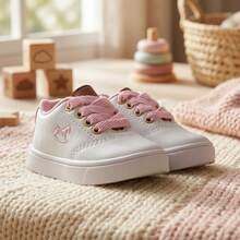 Tênis Baby Social Unissex de Couro com Design Elegante e Conforto - Branco e Rosa - Visão 3