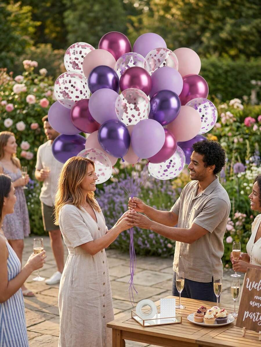 29PCS Purple Pink Party Balloon Set Round Helium Balloon Birthday Decoration, Romantic Luxury, Retirement Party Wedding Birthday Graduation Celebration Home Decoration Birthday And Themed Party Supplies - Purple Pink - 查看 1